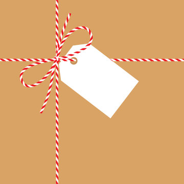 Square kraft paper backgrounds, gift tied up with cotton red rope bakers twine ribbons, empty tag, bow. Packing string for decoration, present, pastry boxes for New Year, Christmas. Vector EPS10