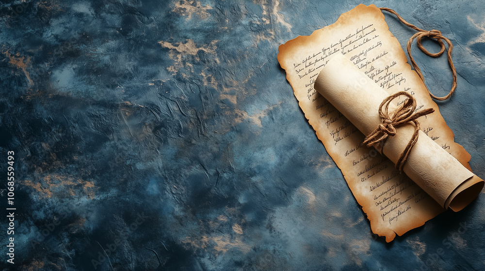 Poster a rolled parchment scroll sits on a blue textured surface, featuring handwritten text and secured wi