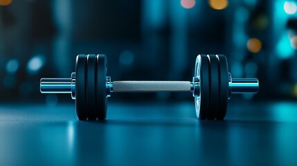 Close-Up of Dumbbell on Gym Floor with Blurred Background and Cool Lighting