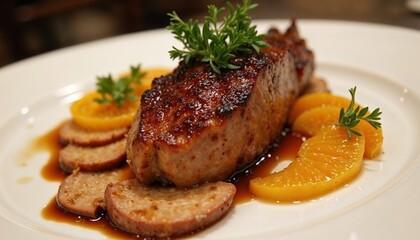 Sous-vide duck breast with a crispy seared skin, served with caramelized oranges and a light drizzle of balsamic glaze