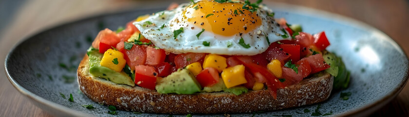 Photo Avocado Toast with Fried Egg, Mango Salsa, and Herbs