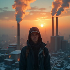 Young man in hoodie facing industrial smokestacks at sunset, air pollution impact, orange and gray tones