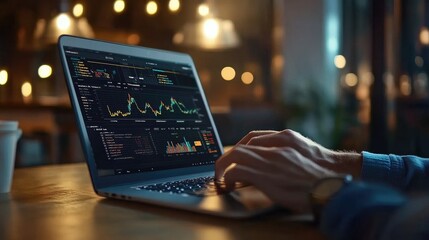 Modern Workspace with Laptop and Data Analysis Display