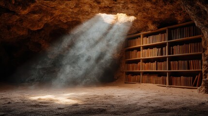 Sunlight beams penetrate a serene cave storing shelves of old books, creating an atmosphere of calmness, knowledge, and ancient wisdom for avid readers.