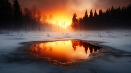 Fototapeta premium Deep in the forest clearing, a stunning sunset casts a magical warm glow over a tranquil snow-covered landscape, reflecting pristine beauty and calmness.