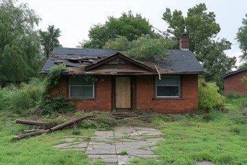 A neglected brick house with an overgrown lawn, broken windows, and visible roof damage