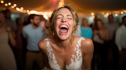 A joyous bride laughs heartily, surrounded by a festive wedding ambiance filled with warm lights and celebration, capturing pure happiness and bliss on her special day.