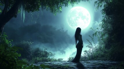 Fototapeta premium Enigmatic Thai Beauty: Distant Gaze in Moonlit Jungle with Ethereal Mystical Glow