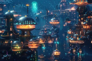 Futuristic Underwater City with Glowing Buildings and Lights