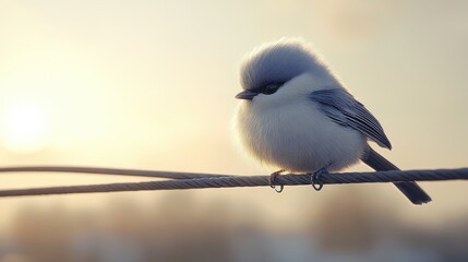 Cute Soft Bird Perched on a Wire at Sunrise