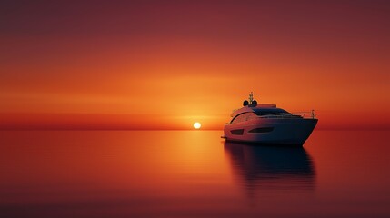 Obraz premium Luxury Yacht at Sunset on Tranquil Ocean with Vibrant Orange Sky and Copy Space