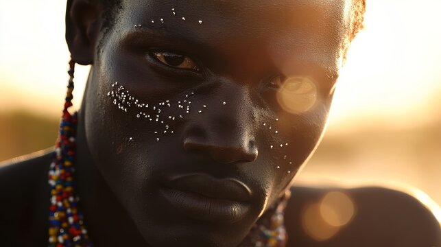 Tribal Elegance: Sudanese Man Adorned in Beads with Mystical Nile Aura