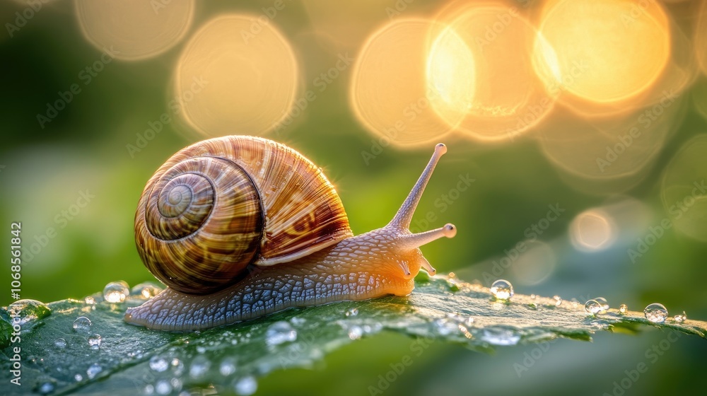 Poster snail on leaf with bokeh background