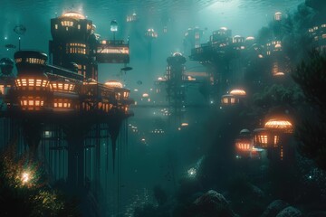 Underwater City with Illuminated Buildings and Bioluminescent Creatures