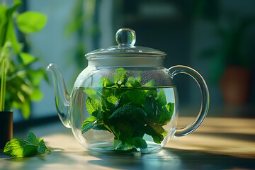 Photo Fresh Mint Tea in Glass Teapot on Wooden Table