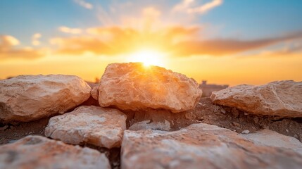 A close-up photograph of sunlit rocks set against a vibrant sunset sky, highlighting nature's artistic beauty and the warmth of the sun's rays illuminating the rugged surface.