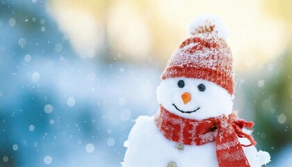 冬の微笑みスノーマン　冬 雪 雪だるま 微笑み 帽子 マフラー かわいい 子供 自然 暖かさ ふわふわ 幸せ ボケライト 背景 ニット アクセサリー 平和 幻想 明るい 景色