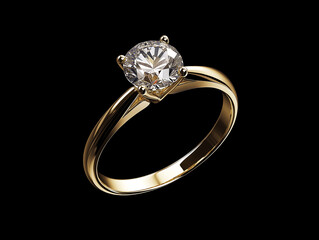 A gold ring with a diamond in the center. The ring is very shiny and looks very expensive