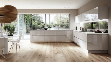Fototapeta premium Modern Kitchen with White Cabinets and Wood Floor