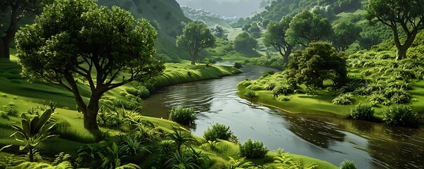 A peaceful river winding through a green valley with lush trees and plants lining the banks creating a serene and refreshing atmosphere