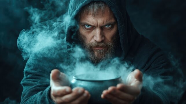 A hooded figure with intense eyes holds a smoking bowl, creating a mystical atmosphere, representing power and mystery amidst a dark and enigmatic background.