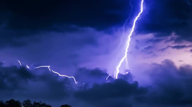 幻想の雷光 - 夜を照らす青と紫の幻想的なエネルギーが舞う雷エフェクト。 真夜中の空と大地を明るく照らす、無数の雷が走ります。雷の迫力と神秘性が共存する幻想的な演出です。SF作品やファンタジー作品にぴったりの映像素材です。壮大なエネルギーの流れを感じさせる、印象的でインパクトのあるシーンをお楽しみください。