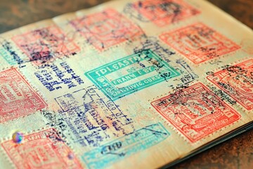 A collection of colorful passport stamps on a travel diary background.