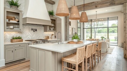 Modern Kitchen Island with Wicker Barstools and Farmhouse Accents