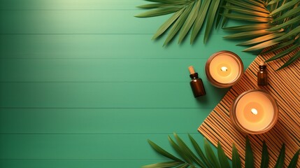 Calm Spa Scene with Leaves, Candles, and Essential Oil Bottles Background
