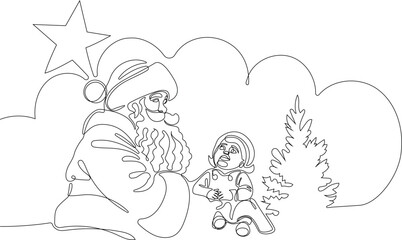 Outlined Cute Santa Claus Cartoon Character With A Sack Full Of Gifts. Vector Hand Drawn Illustration. One continuous line drawing Santa Claus on reindeer and sled. concept for Christmas and New Year
