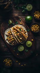 A wooden board with chicken tacos, corn, and lime slices on top of the table. The background is dark wood. 