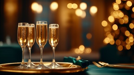 Festive Champagne Glasses on Tray with Warm Golden Bokeh Lights