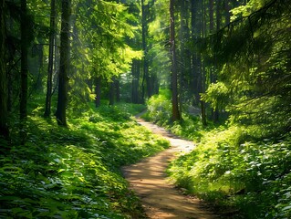 A peaceful woodland path winding through a dense green forest with sunlight dappling the ground and highlighting the vibrant foliage
