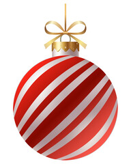 Festive red and white striped Christmas ornament with a gold ribbon and hanger on a white background. New Year Christmas tree toy.