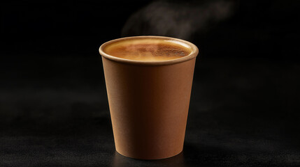 Hot coffee in paper cup with steam on black background. Coffee break, morning drink, energy boost.