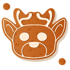 Illustration of a gingerbread reindeer face decorated with white frosting dots, perfect for holiday themes and Christmas baking. Gingerbread cookie. New Year Christmas
