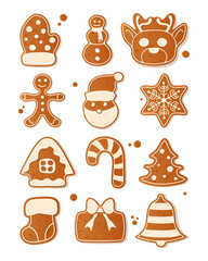 A set of Christmas themed gingerbread cookies in different shapes including mitt, snowman, reindeer, Santa, snowflake, tree, bell, Christmas tree, candy, New Year gift