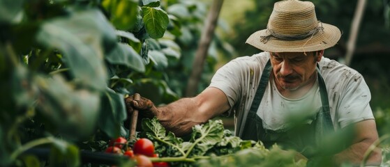 Man in brown hat and apron harvests vegetables in lush garden, putting them in black crate. Peaceful scene with tomatoes and blue sky.
