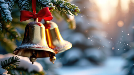 Festive Bells Hanging from a Pine Tree Branch in a Snowy Winter Wonderland with Space for Text