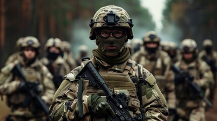 Fototapeta premium Image depicts seven military personnel in camo in a forest. Tight formation, focus on leader, varied gazes show readiness and vigilance. Nature background emphasizes military discipline.