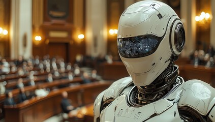Fototapeta premium AI robot with human-like features, interacting in the public space of a courthouse. 