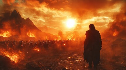Obraz premium epic scene of a warrior facing a horde of undead foes, surrounded by a dark and foreboding landscape, highlighting themes of bravery, battle, and the supernatural in a dramatic composition