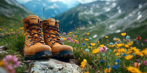 Photo Hiking Boots on Mountain Wildflower Meadow