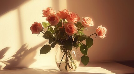 Fototapeta premium A bouquet of pink roses in a glass vase, illuminated by warm sunlight streaming through a window.