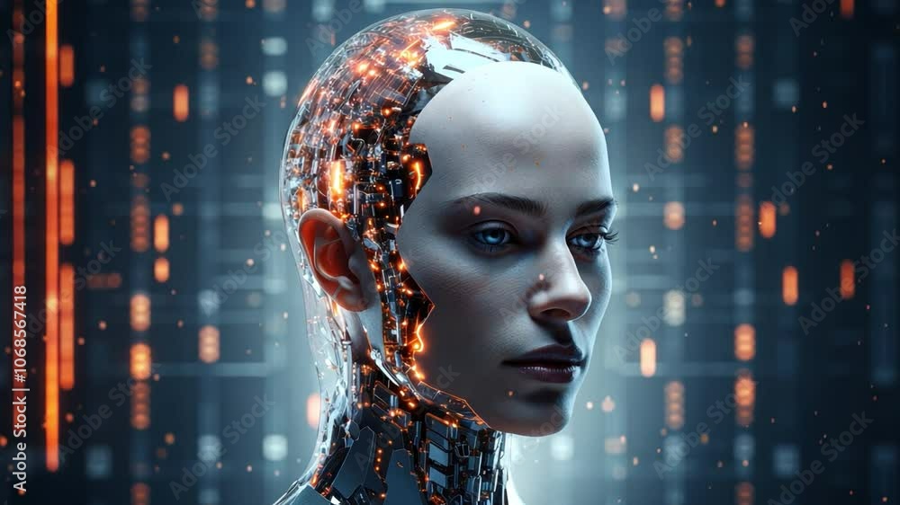 Poster cybernetic evolution: a mesmerizing digital portrait of a female android, her face a blend of human 