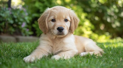 A cute golden retriever puppy lying on the ground