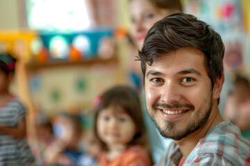 Generative AI Image of Male Babysitter or Teacher in Nursery Engaging with Children in Playful Setting