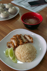 Street food, Khao Man Kai, Khao Man Kai Tod, Asian food that has been around for over 100 years, delicious and fragrant.