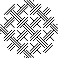 A geometric abstract pattern made of black diagonal and perpendicular lines arranged in a repeating basket weave or crosshatch formation against a white background. 