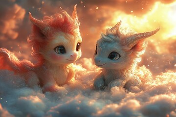 Whimsical baby unicorn and dragon playing in a cloud-filled sky, surrounded by sparkles, rainbows, and floating stars. The characters are adorable and friendly, with pastel colors and soft edges